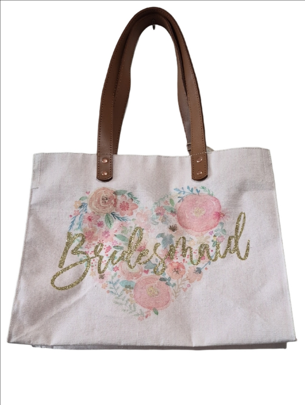 Bridesmaid tote bag with a Pink Floral Heart Design And Gold Script